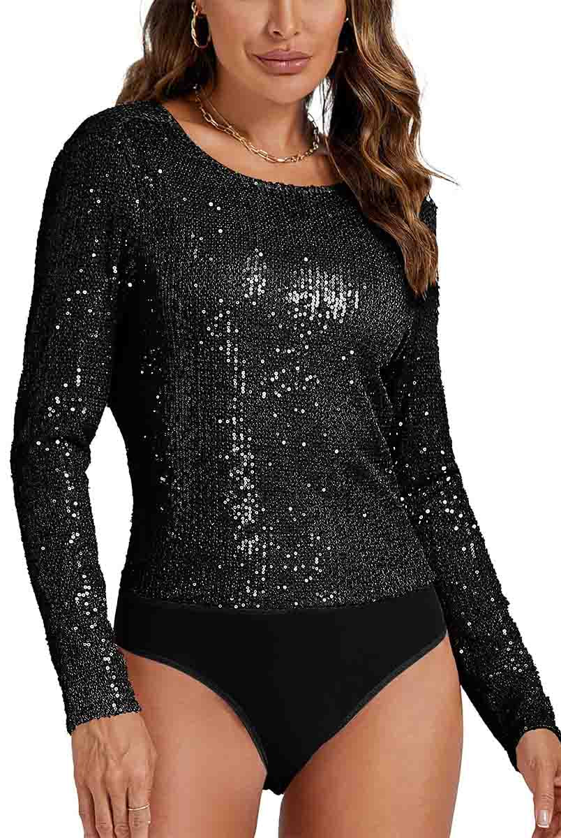 Black Sequin Cowl Neck Bodysuit