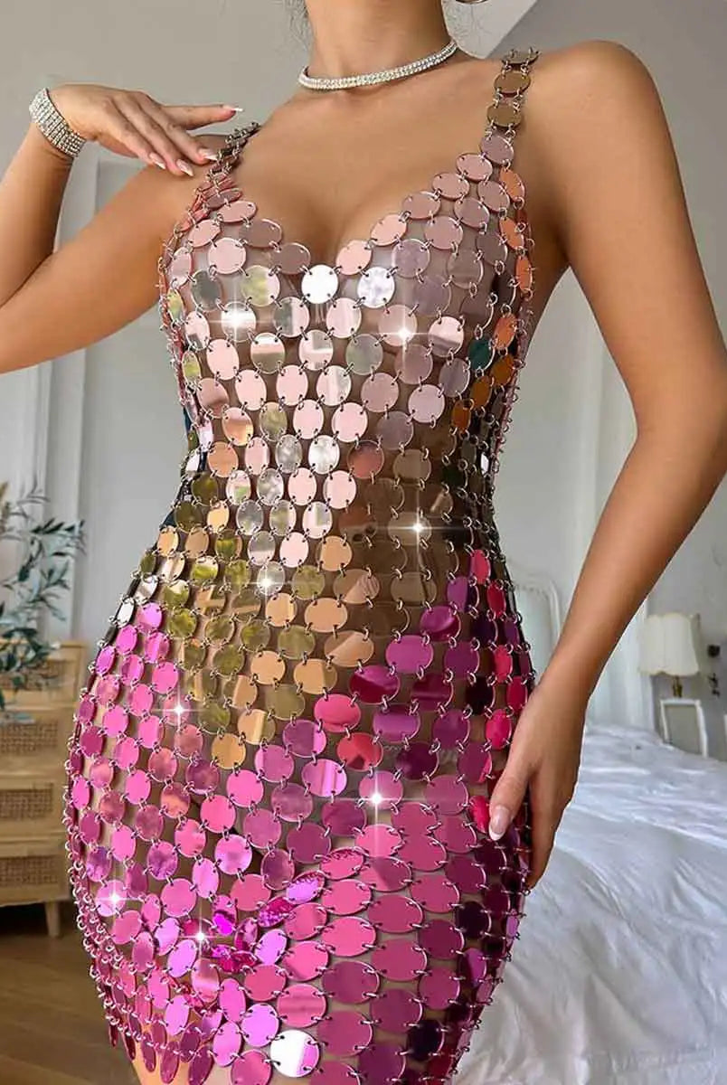 pink chainmail dress - pink sparkle mini dress - Disco Gradient Sequin Dress