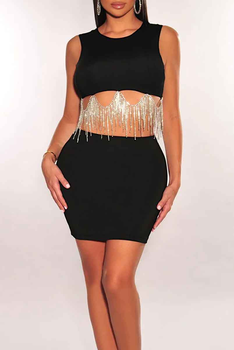 Rhinestone Fringe Mini Skirt Set