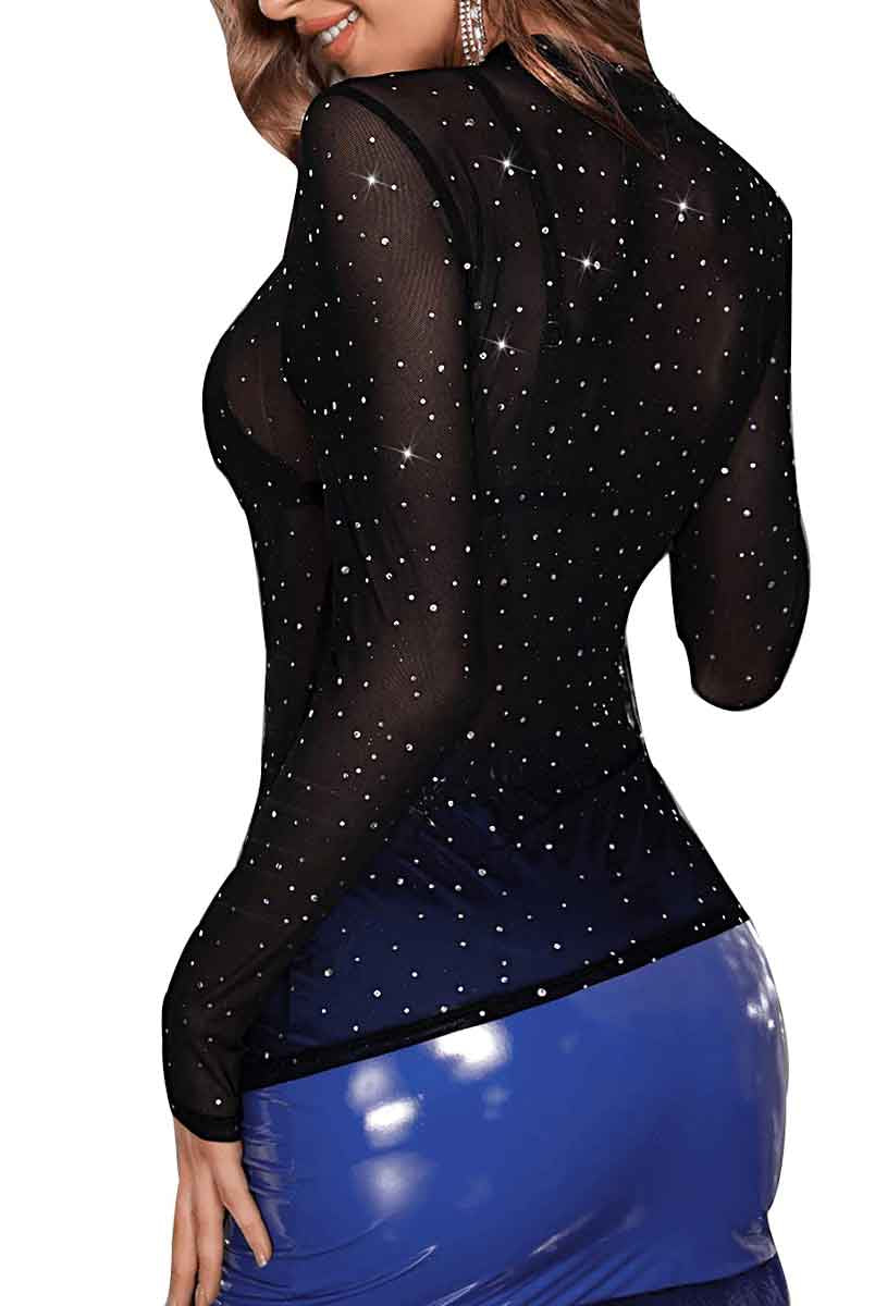 Mock Neck long-sleeve sheer mesh black rhinestone shirt