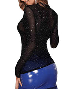 Mock Neck long-sleeve sheer mesh black rhinestone shirt