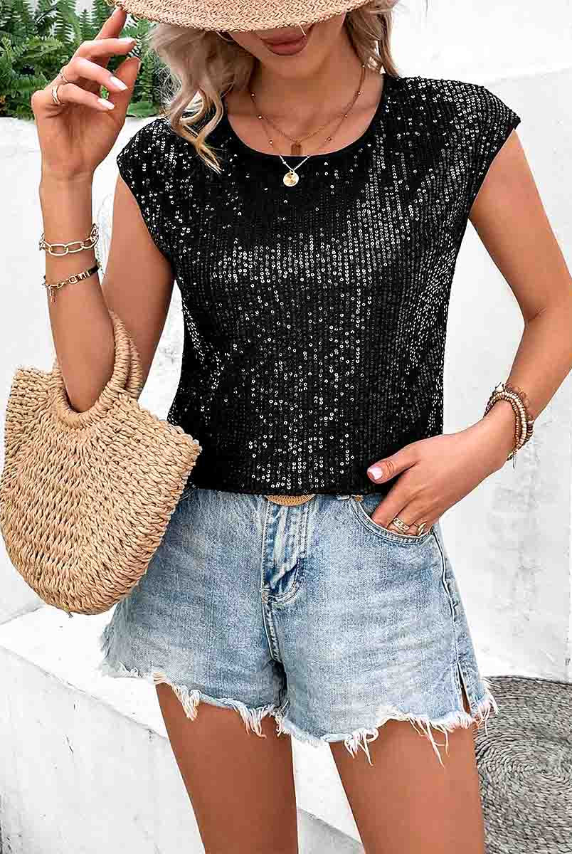 Bat Sleeve Black Sequin Shirt