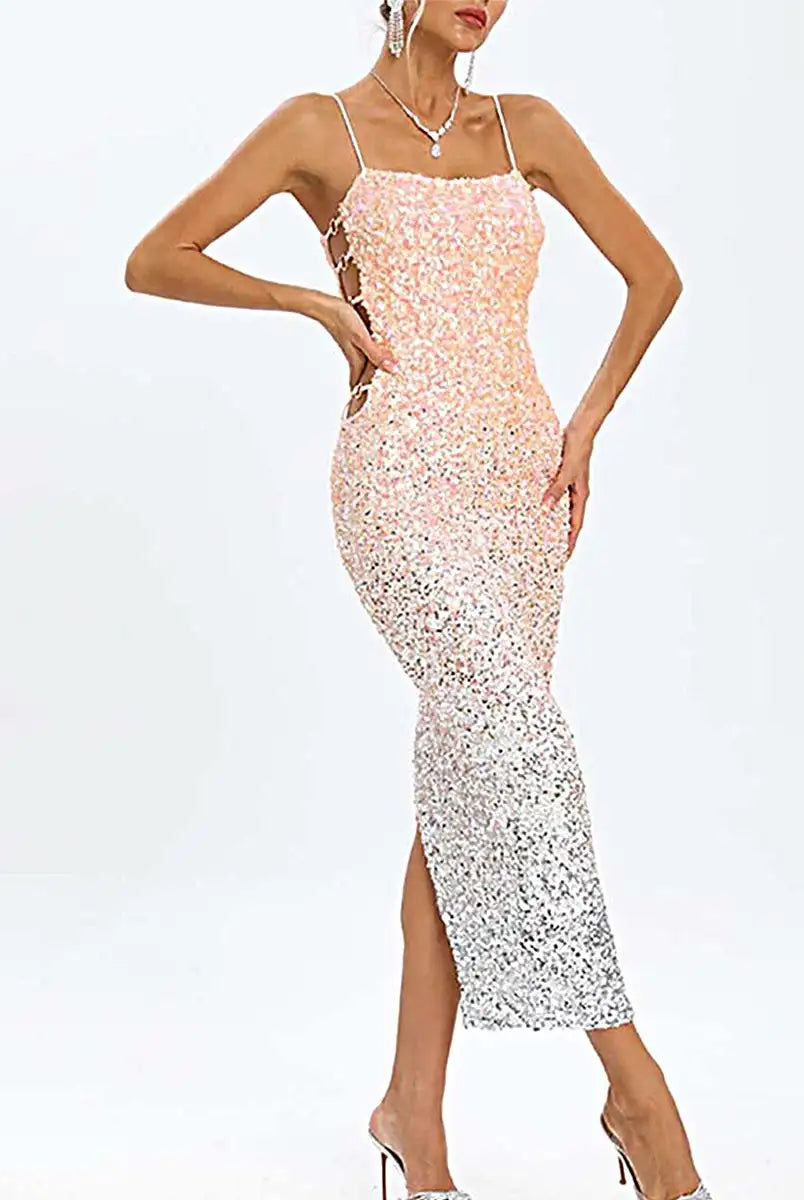 Ombre Pink Sequin Midi Slip Dress