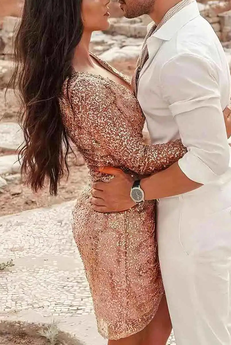 Champagne Wrap Long Sleeve Sequined Dress