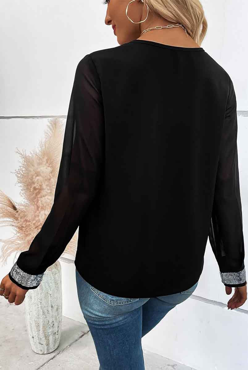 Black Chiffon Long Sleeve Silver Sequin Shirt