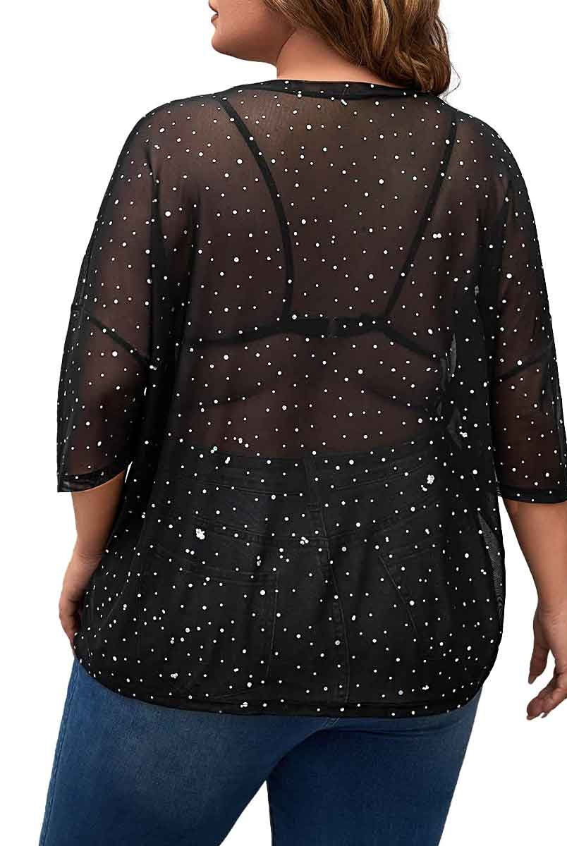 Short-Sleeved Round Neck Black Plus Size Rhinestone Shirts