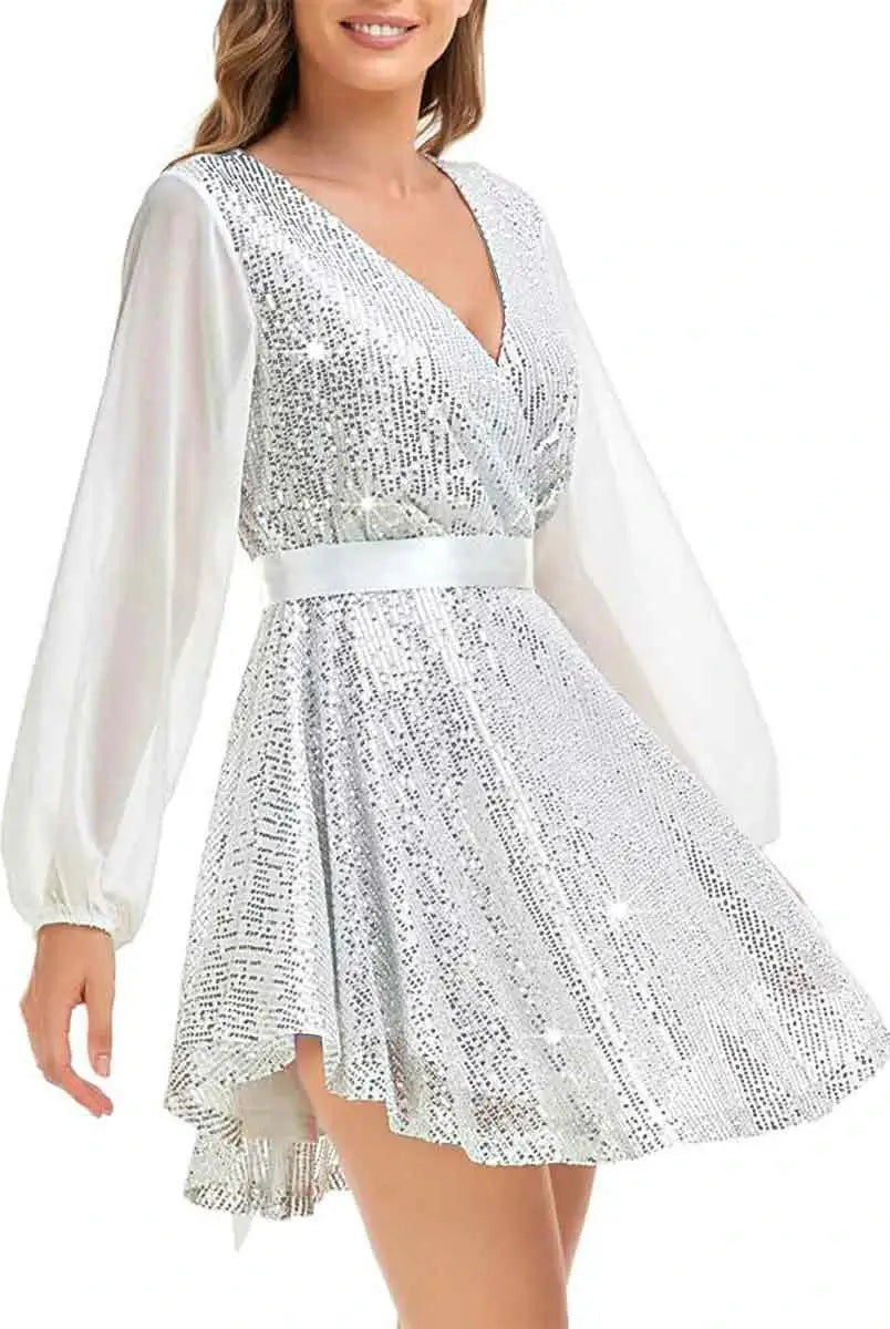 White Sequin V-Neck Cocktail Dress