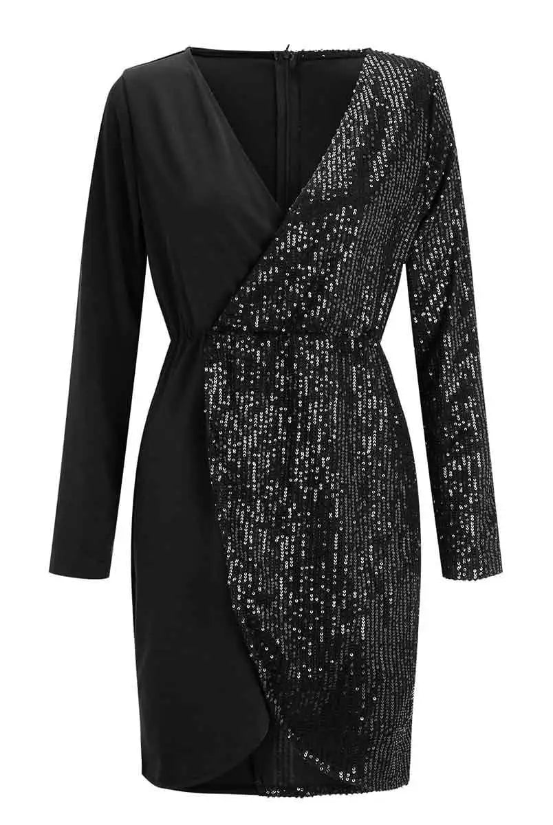 Sparkly Sequin Long Sleeve Dress with Wrap Detail