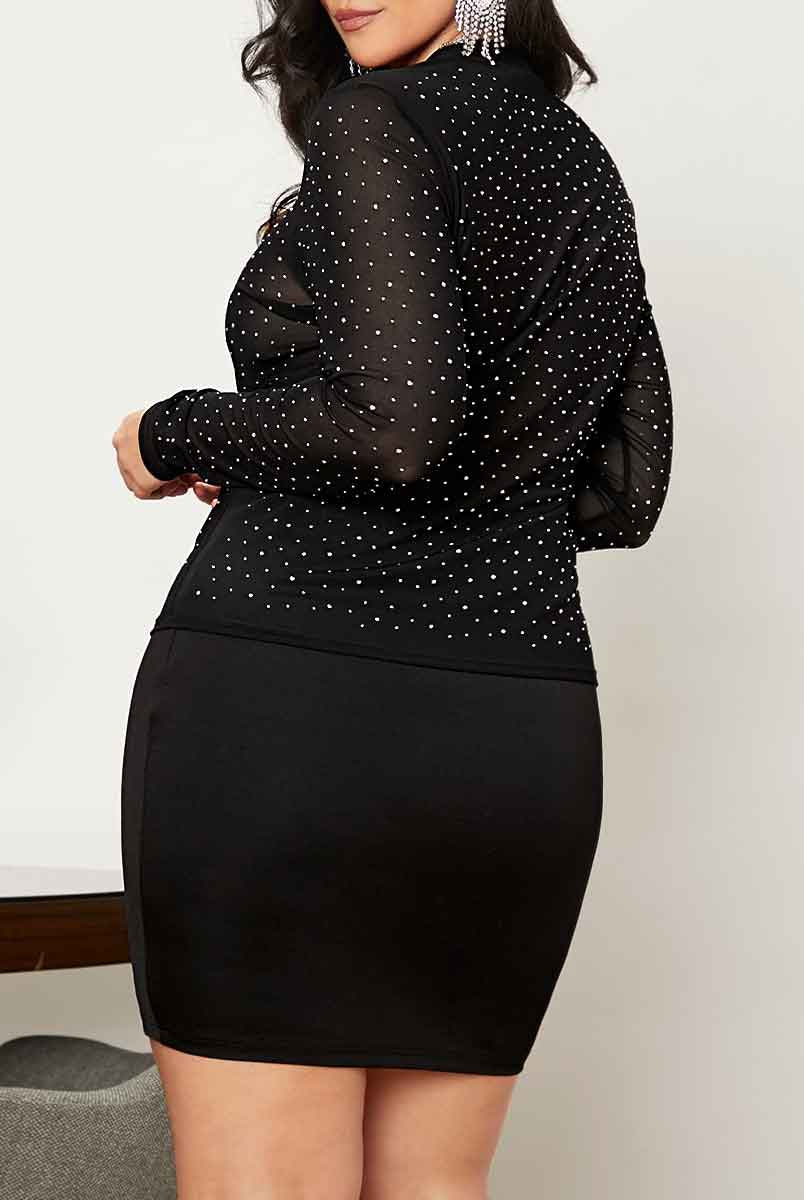 Black Long Sleeve Crew Neck Plus Size Rhinestone T Shirts