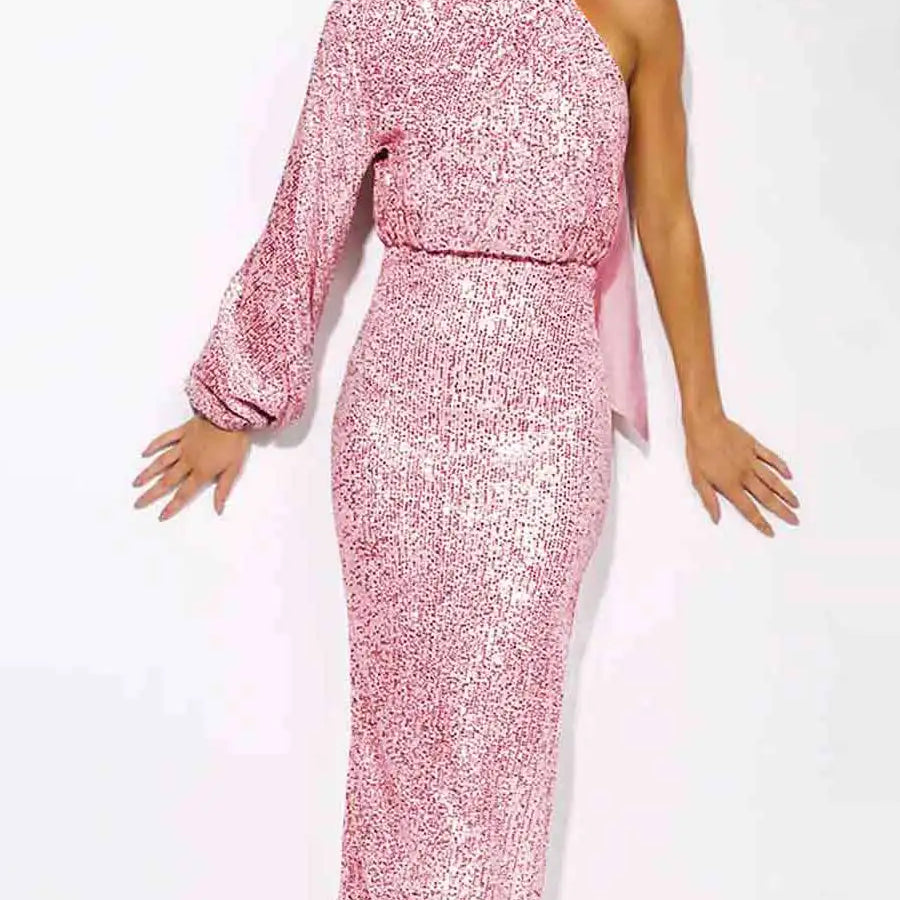 Dramatic One-Sleeve Sequin Maxi Dress