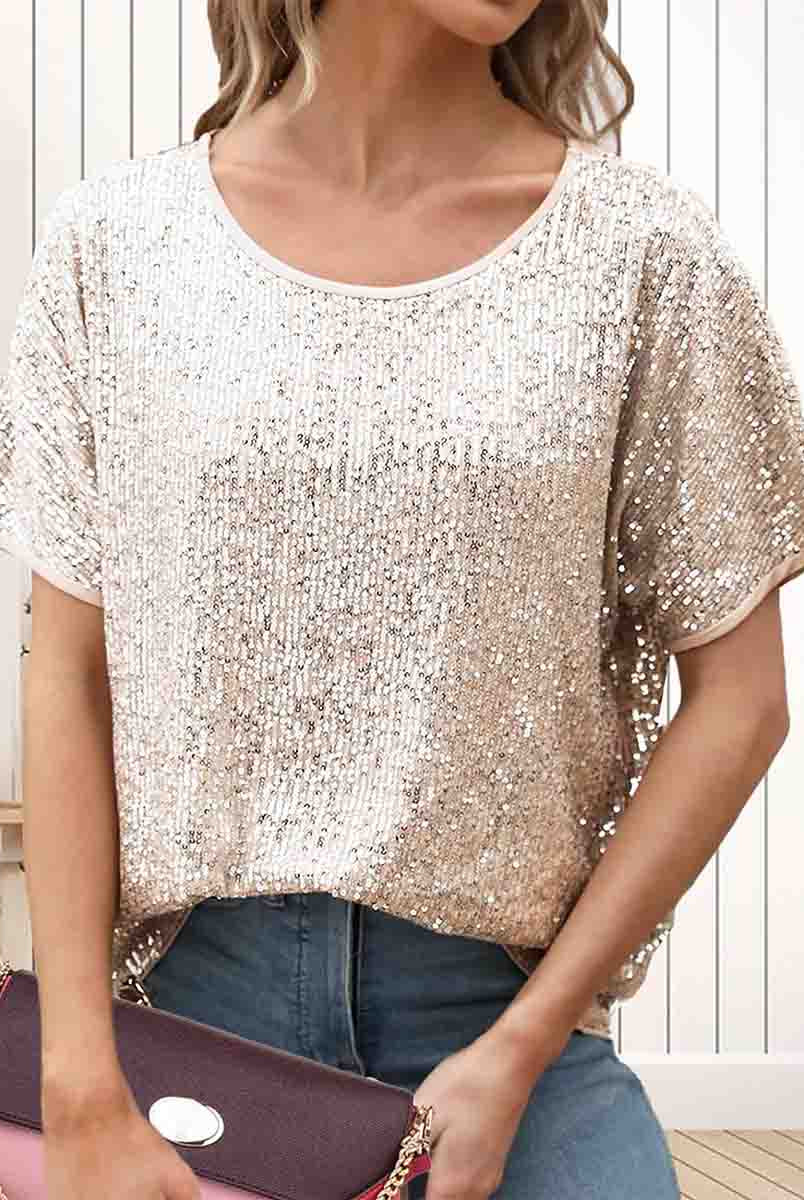 Loose Gold Sparkle Top: Round Neck