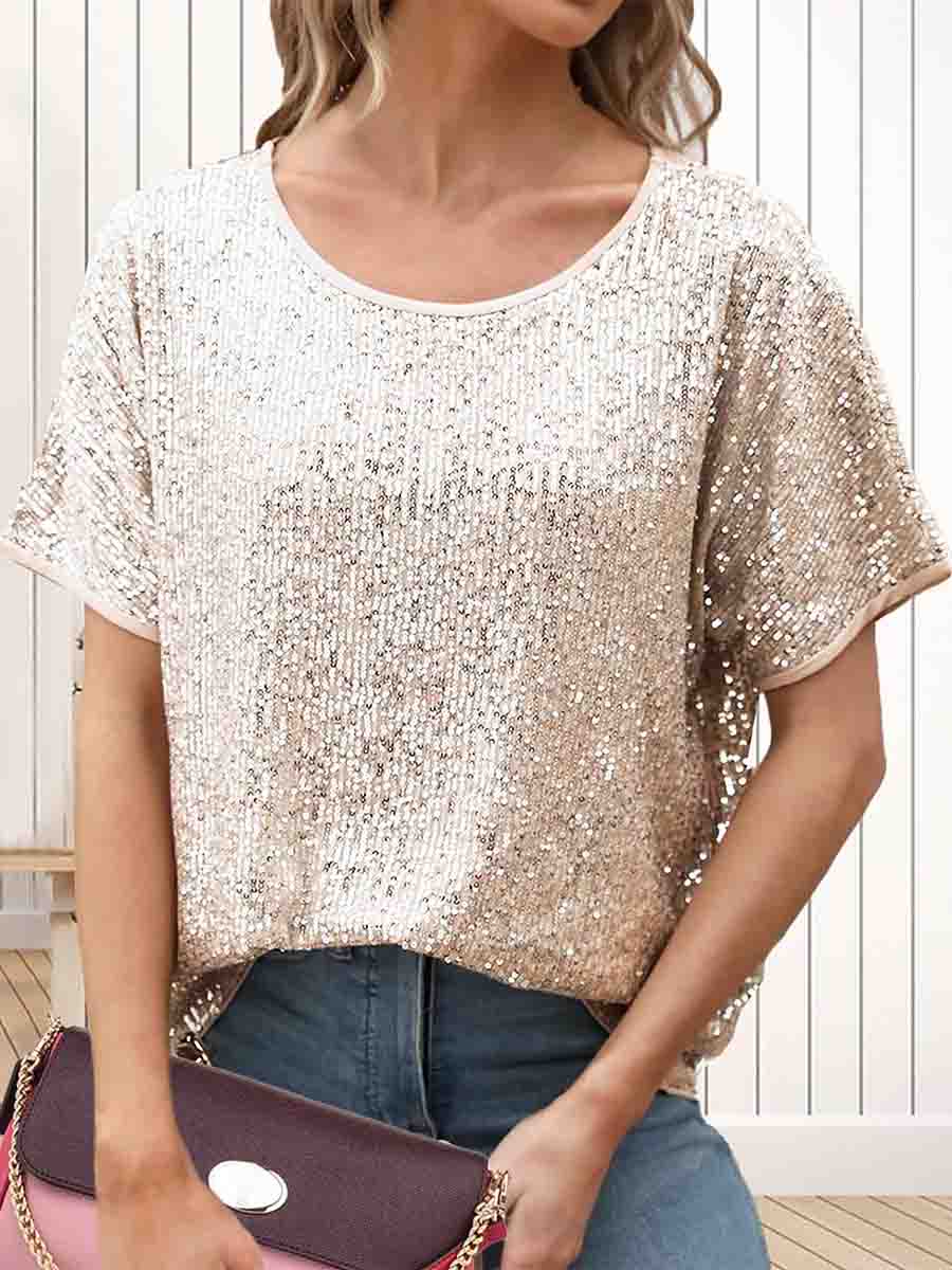 Loose Gold Sparkle Top: Round Neck