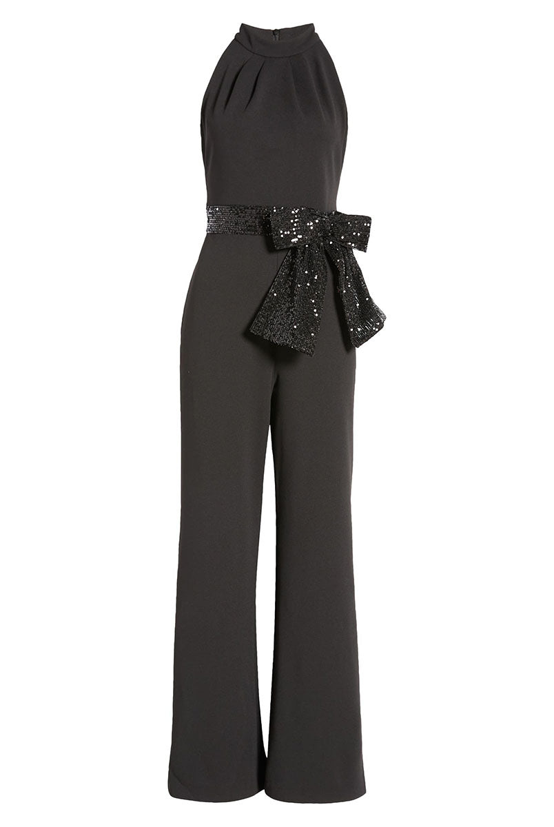 black sequin belt jumpsuit