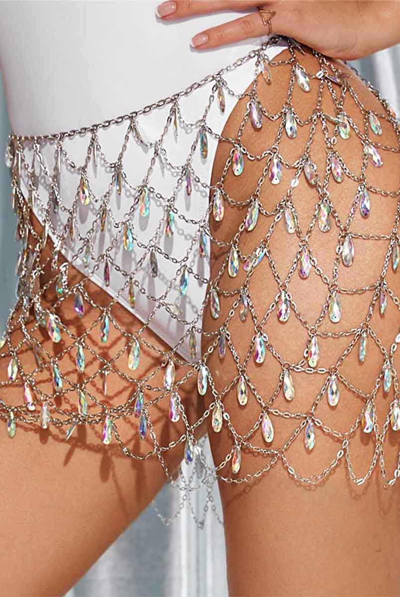 Colorful Rhinestone Midi Skirt with Chain