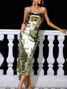Fashion Suspender Large Round Gold Sequin Long Dress