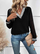 V-Neck Mesh Long Sleeve Sequin Shirt