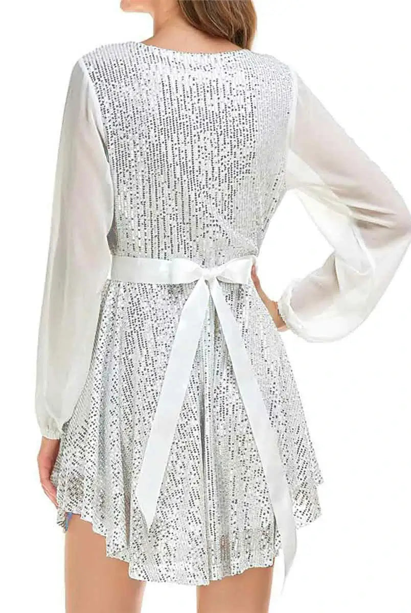 Belted Sequin White Cocktail Dress