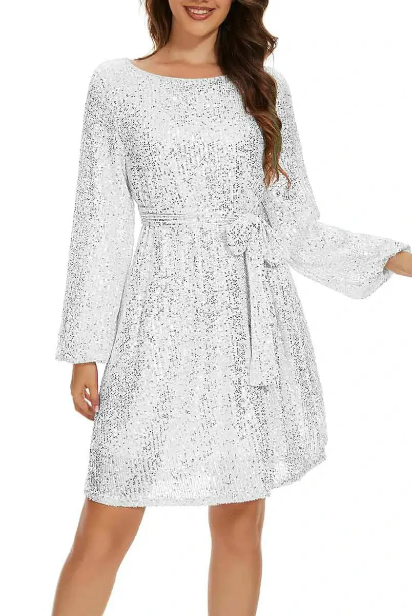 White Sequin Long Sleeve Dress