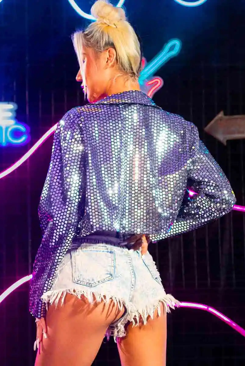 Silver Sequin Jacket - Edgy Short Sparkling Jacket Top