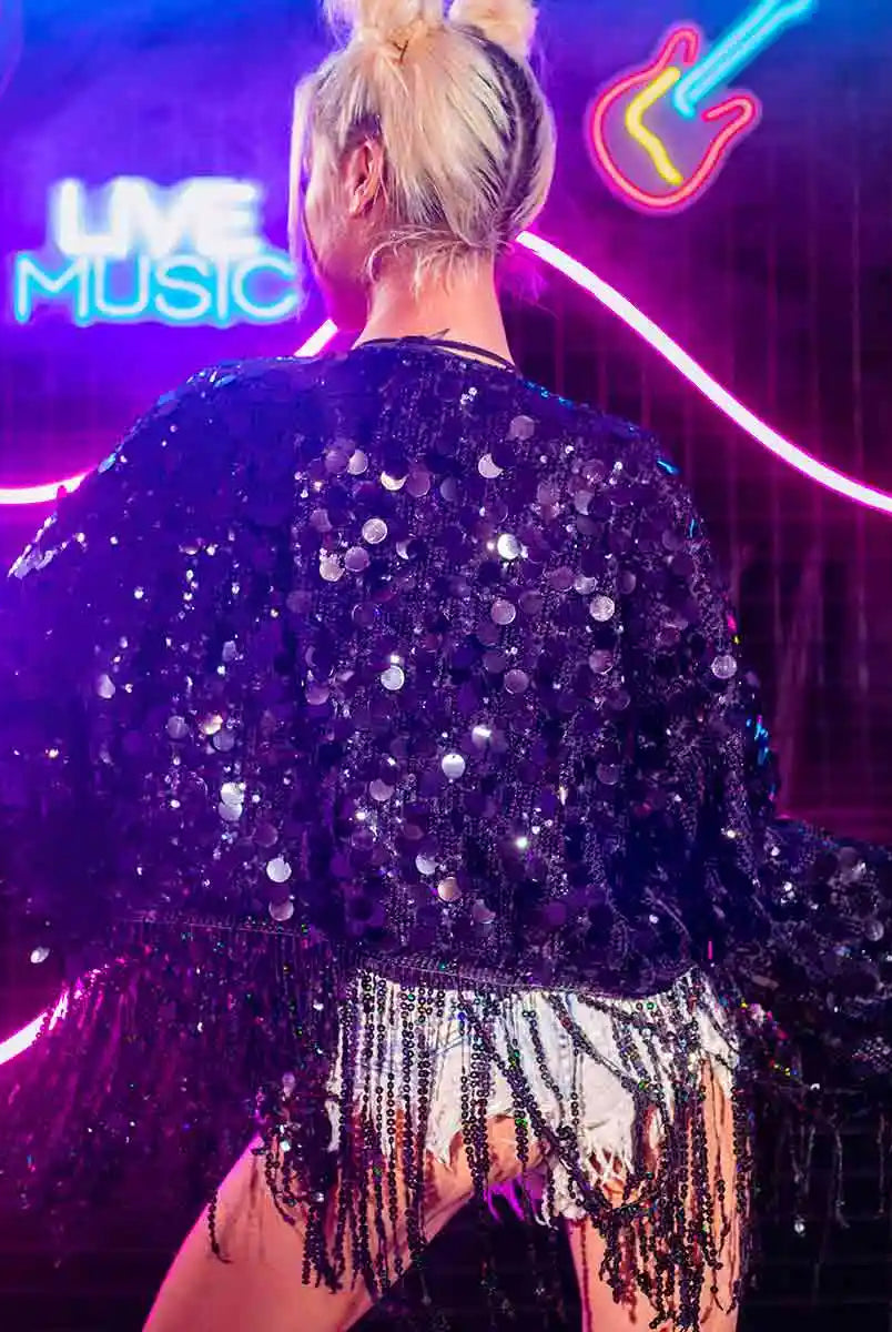 womens black sequin jacket