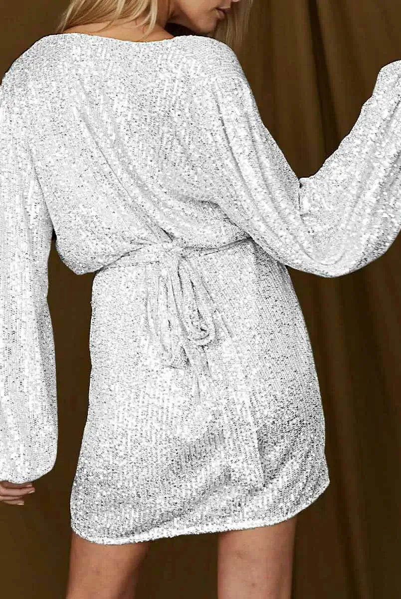 white sequin wrap mini dress