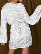 white sequin wrap mini dress