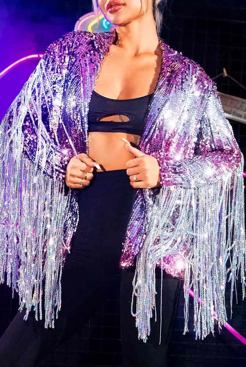 Purple fringe long sleeve sequin jacket