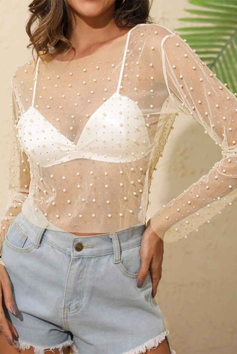 Round Neck Pearl Mesh Shirt