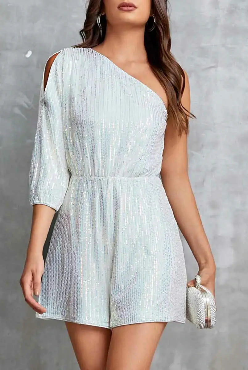 White One Shoulder Jumpsuit - Short Sparkly Jumpsuit