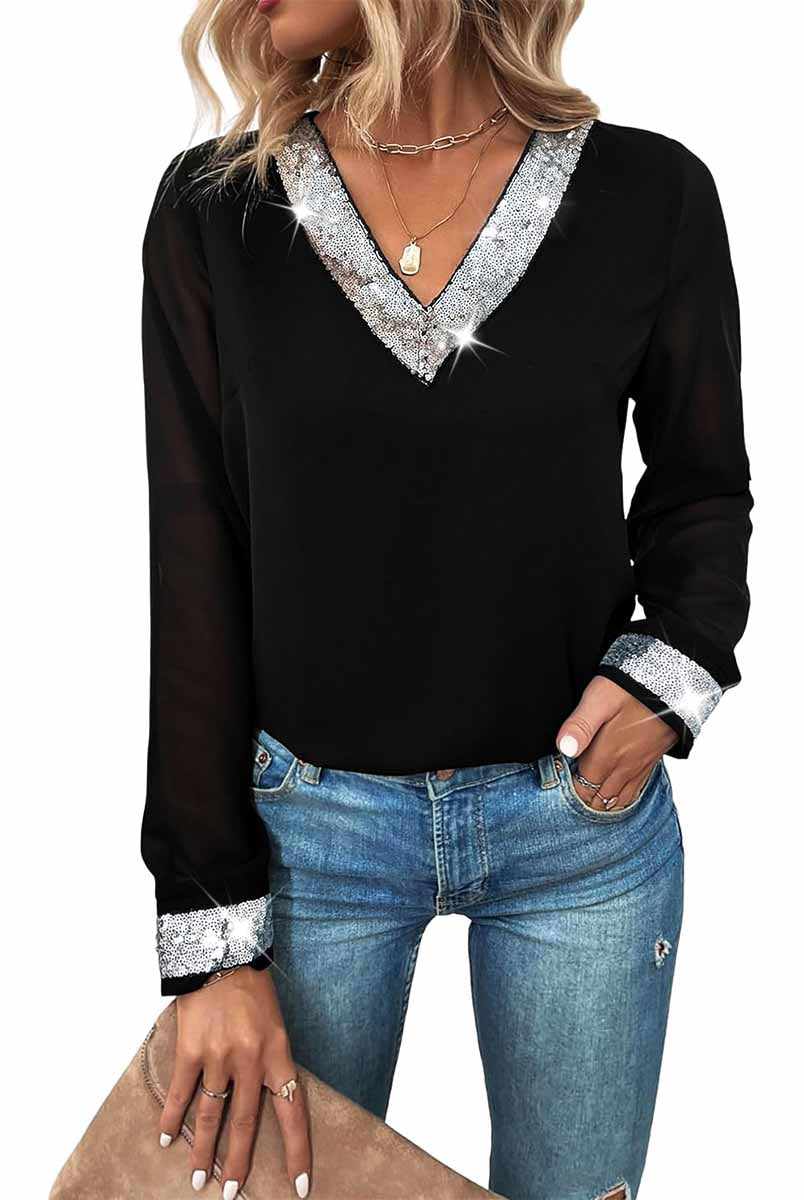 Black Chiffon V-Neck Mesh Sequin Shirt