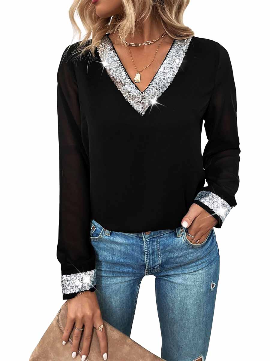 Black Chiffon V-Neck Mesh Sequin Shirt