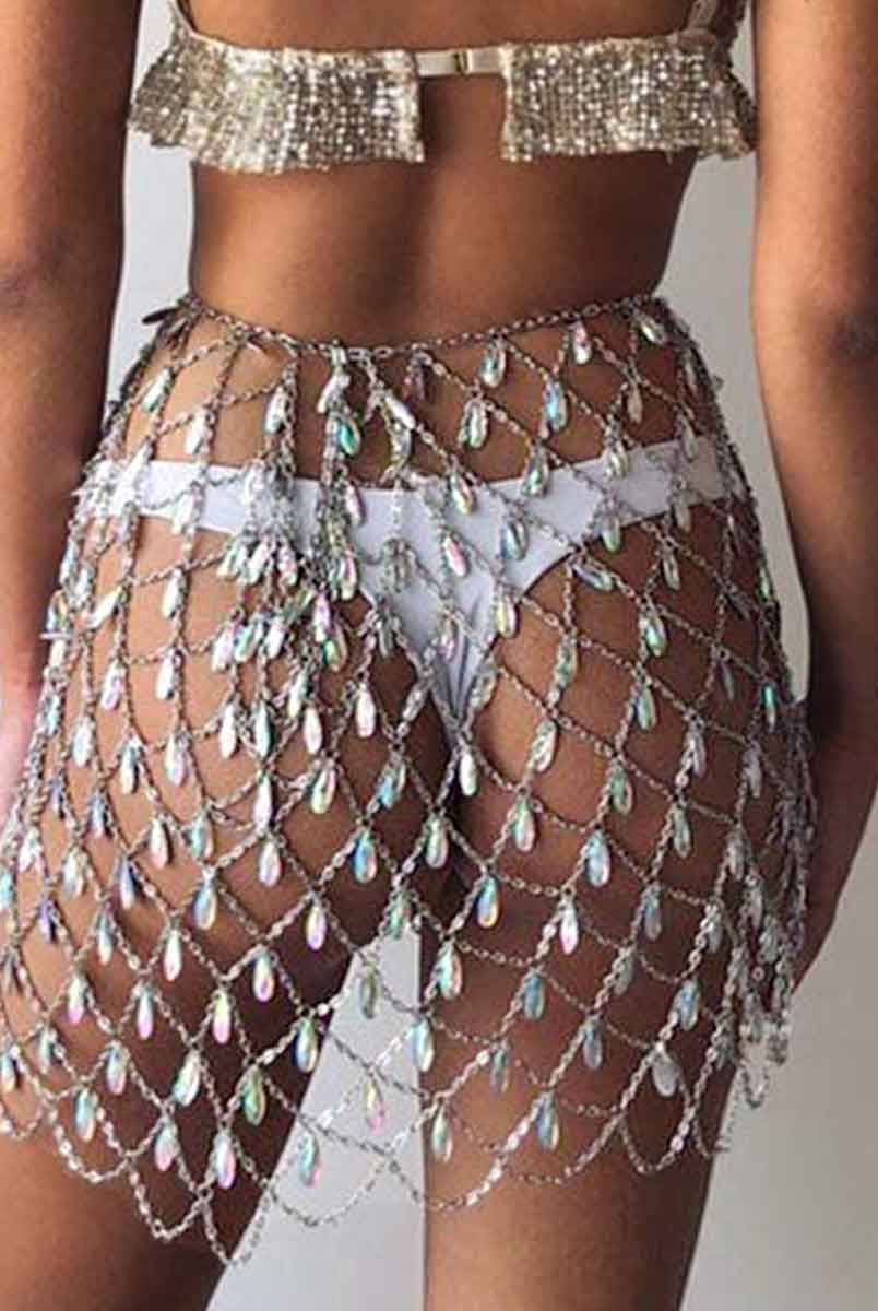 Festival Boho Skirt with Rhinestones & Chain