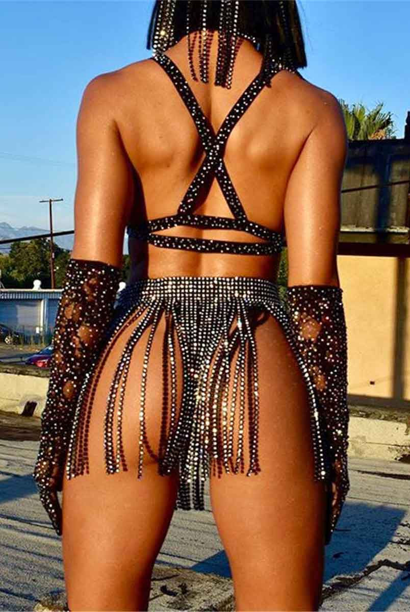black skirt with rhinestones