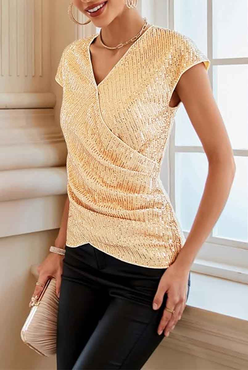 Twist Front Champagne Gold Sequin Shirt