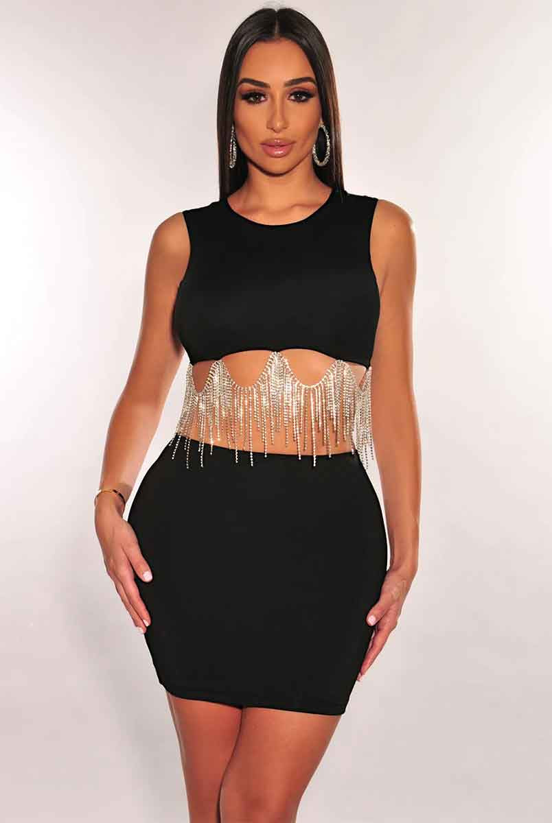 Rhinestone Fringe Crop Top Set