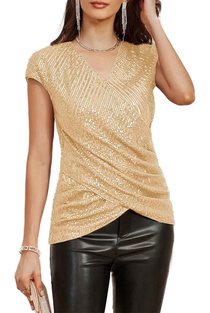 V Neck Champagne Gold Sequin Shirt