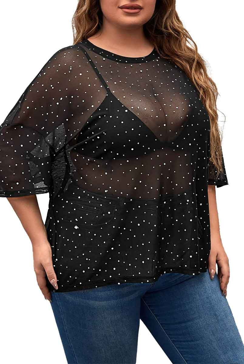 plus size rhinestone mesh top