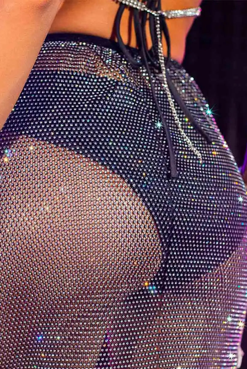 Rhinestone Bra Top & Fishnet Skirt Set