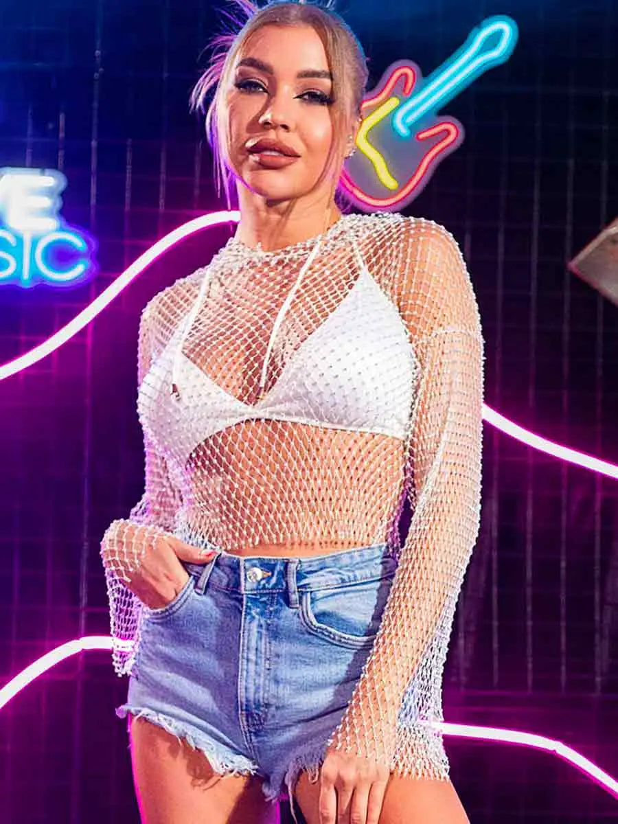 white mesh rhinestone top