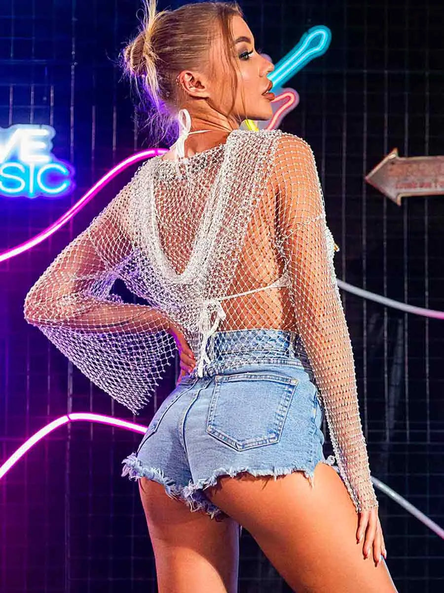 Long-sleeve Hooded See Through White Mesh Rhinestone Top