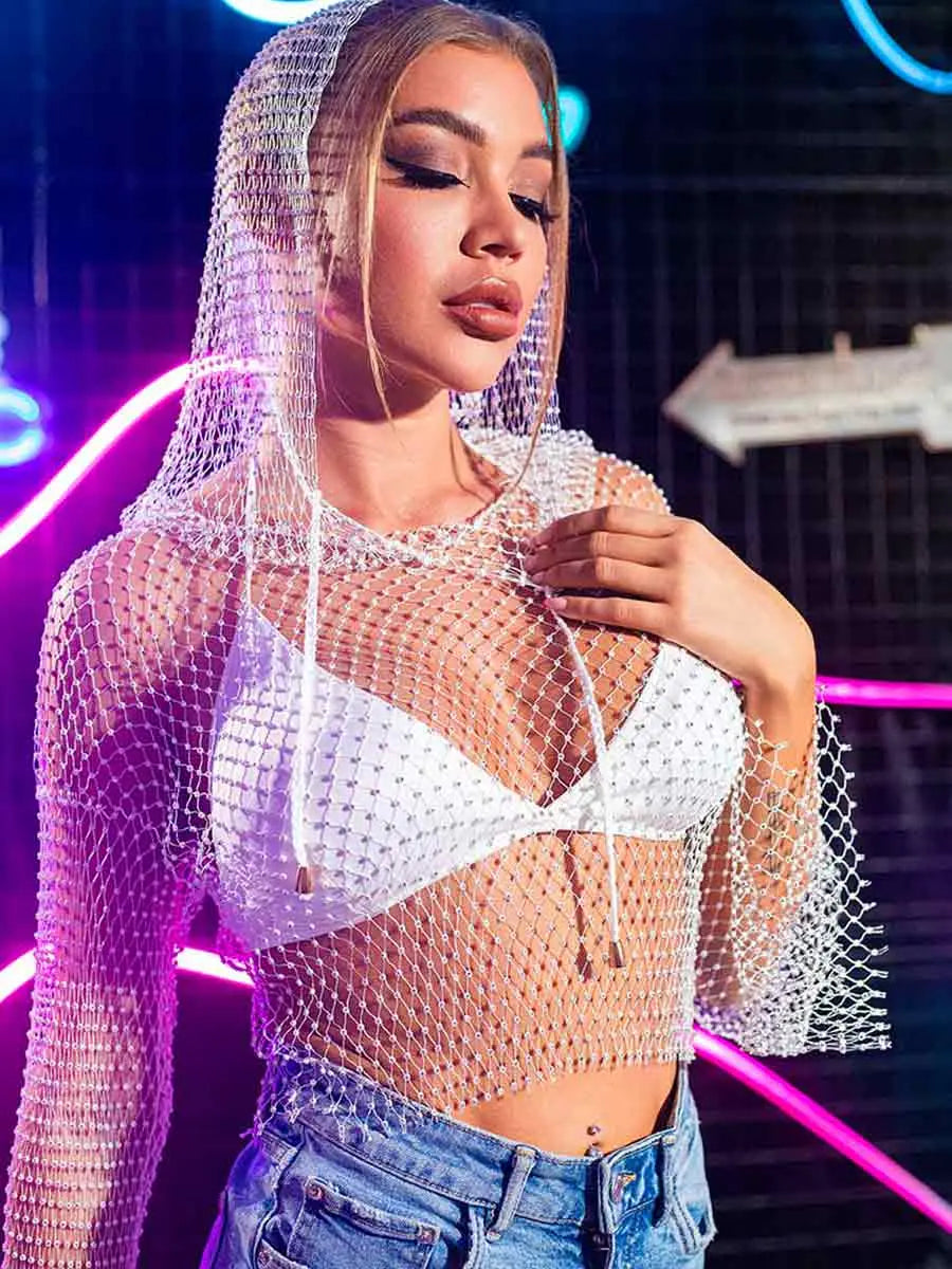 Rhinestone Mesh Hoodie - White