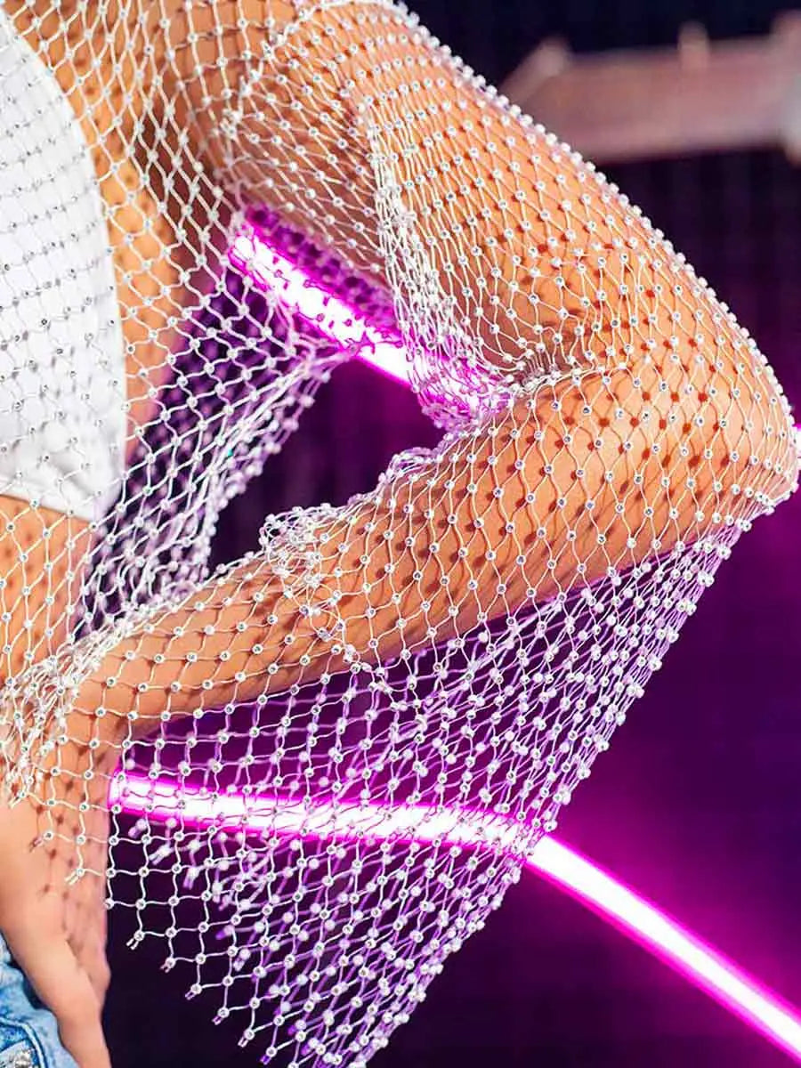 Hooded Rhinestone Mesh Top