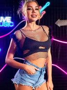 Black Furry Fishnet Sleeveless Top