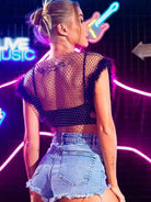 Black short furry sleeveless rhinestone fishnet shirt