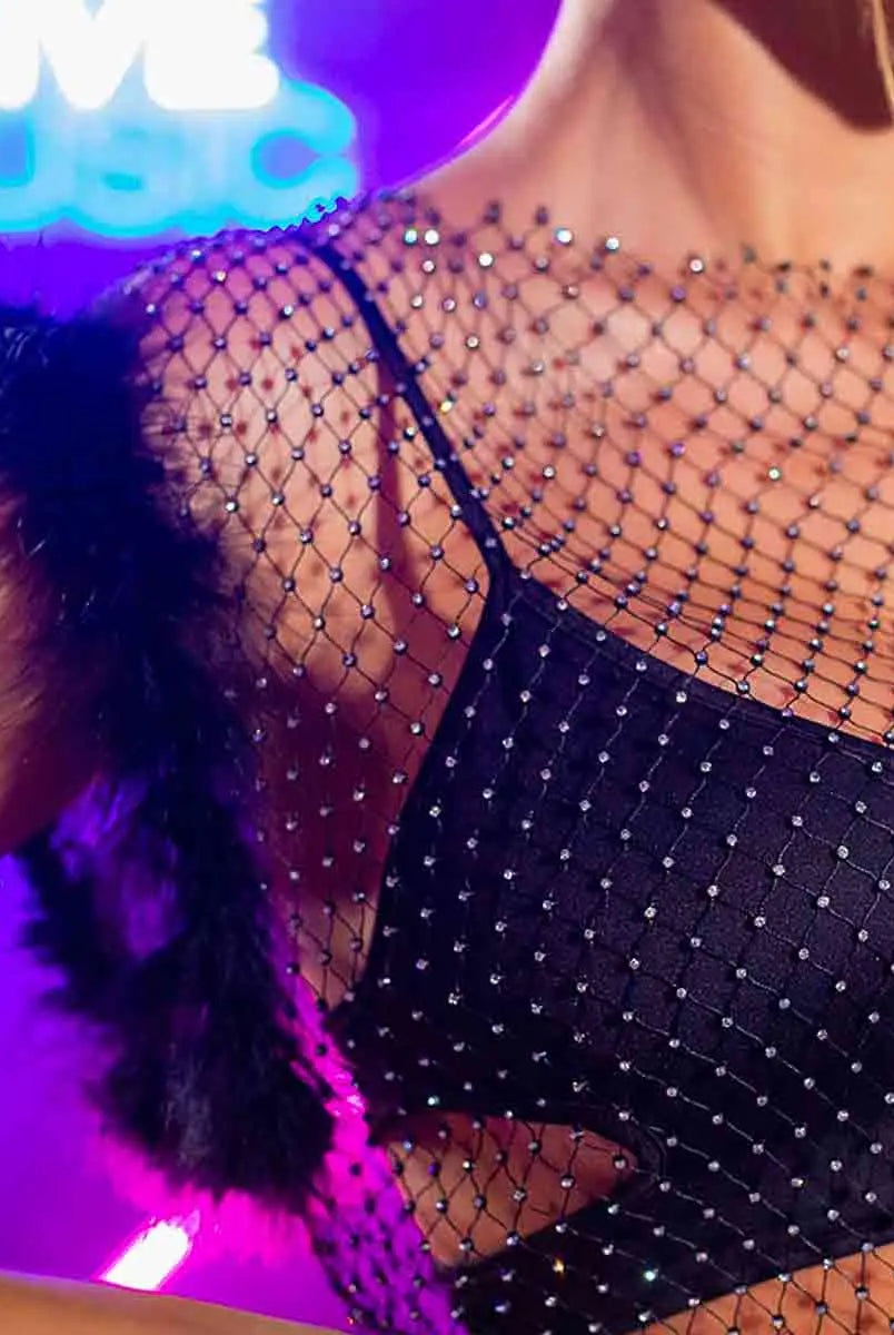 Furry Fishnet Top with Rhinestones
