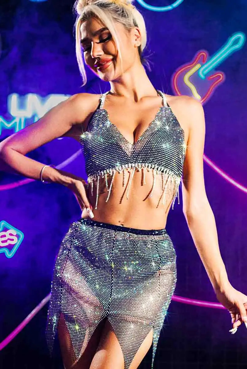 rhinestone bra and skirt set