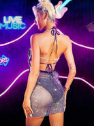 Strappy V-neck Open-back Mesh Rhinestone Mini Dress