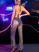 Rhinestone Set Outfit - Fringe Bra + Slit Fishnet Trouser