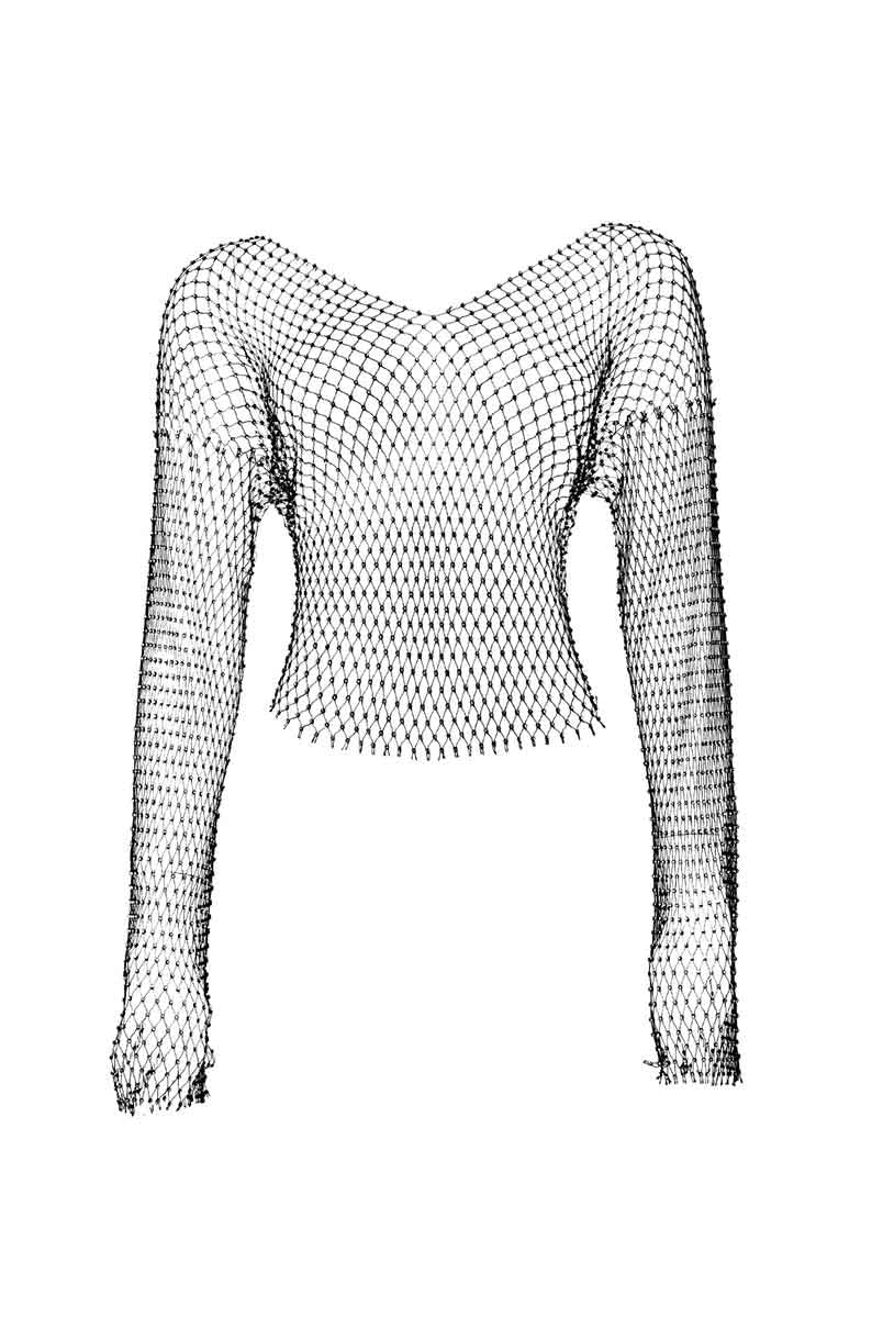 Mesh Rhinestone V-Neck Top