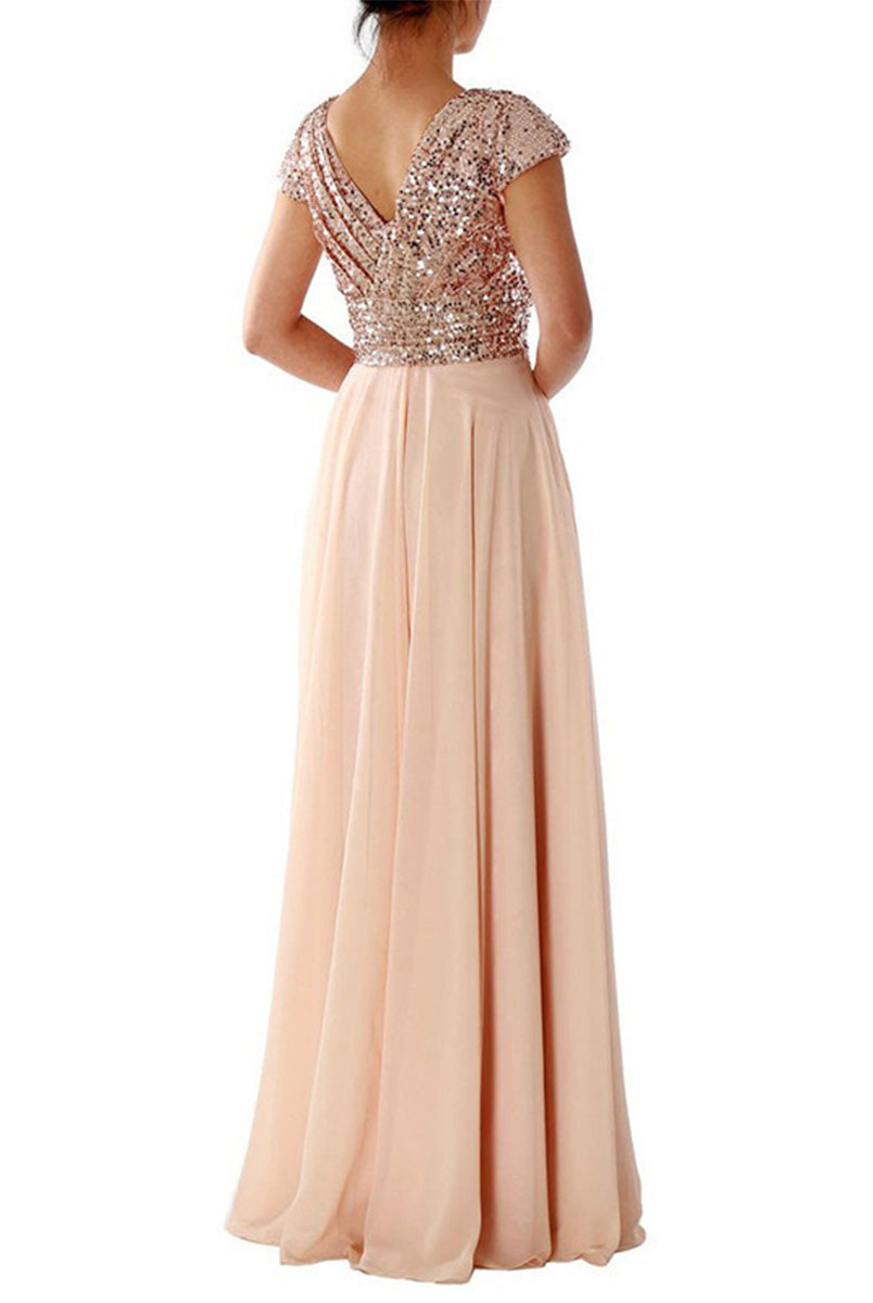 Beige A-line Sleeveless Chiffon Paneled Sequin V-neck Prom Dress